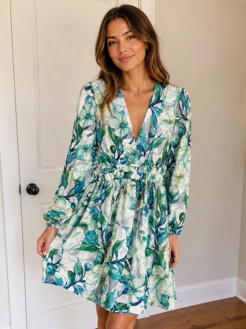 S.Deer Floral V-Neck Long Sleeve Dress in Green and Blue